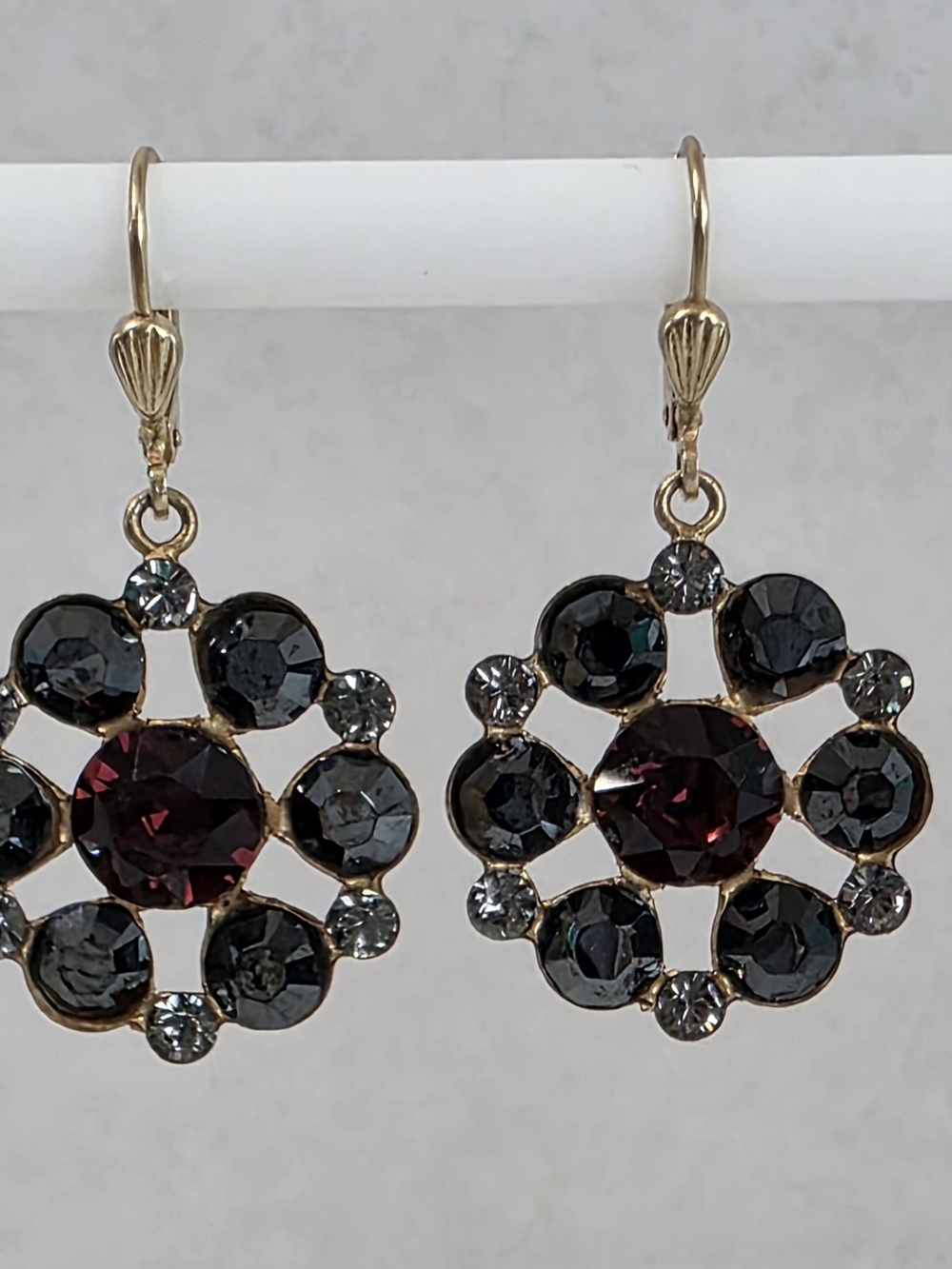 Catherine Popesco Gold Plated Red & Black Crystal Floral Drop Earrings